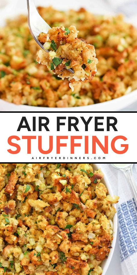 Air Fryer Stuffing is the perfect addition to your Thanksgiving side dish ideas! Made with simple ingredients like seasoned bread cubes and turkey rub seasoning, this dish is ready in under 30 minutes. It’s great for your Thanksgiving dinner menu! Enjoy every bite! Stuffing In The Air Fryer, Air Fryer Stuffing Recipe, Air Fryer Thanksgiving Sides, Recipes With Bread Cubes, Air Fryer Thanksgiving Recipes, Stovetop Stuffing Recipes, Air Fryer Stuffing, Fried Stuffing, Thanksgiving Side Dish Ideas