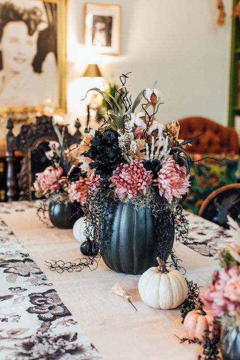 pumpkin bridal shower decor for halloween Black Pumpkins, Floral Halloween, Dark And Stormy, Getting Hitched, Dark N Stormy, Bridal Shower Decor, Black Pumpkin, Shower Decor, Bridal Shower Decorations