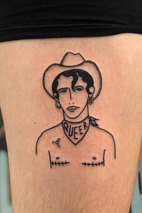 tattoo of a cowboy with earrings, a scarf that reads the word 'queer', a trans inclusive tattoo, and scars of top surgery Trans Tattoo, Tattoo Fixers, Simple Tats, Rocket Tattoo, Pride Tattoo, Cowboy Tattoos, Tattoo Heart, Flash Tattoo Designs, London Tattoo