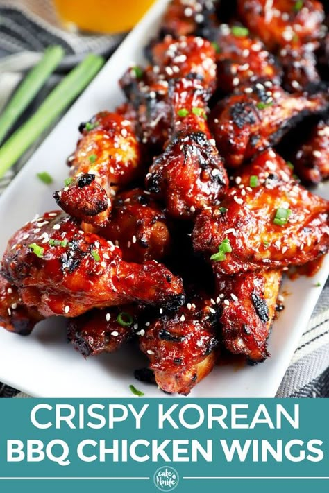 What goes better with game day than Crispy Korean BBQ Chicken Wings?! The spicy and saucy wings are pure magic that you can grill OR bake, depending on whether you want to fire up the grill. They will disappear fast! | cakenknife.com #tailgating #partyrecipe #chickenwings #easyrecipe #grilling #fallfavorites #recipes Best Grilled Wings Recipe, Grilled Chicken Wings Recipe Marinade, Chicken Wing Appetizers, Wing Appetizers, Baked Chicken Wings Recipes, Korean Bbq Chicken Wings, Korean Wings, Saucy Wings, Grilled Chicken Wings Recipe