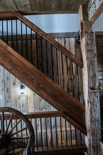 7 Rustic Railing Ideas | Northern Log Modern Cabin Stair Railing, Re Bar Stair Railing, Black Rebar Railing, Metal Railings Indoor, Rustic Railing, Indoor Stair Railing, Wood Railings For Stairs, Farmhouse Staircase, Basement Steps