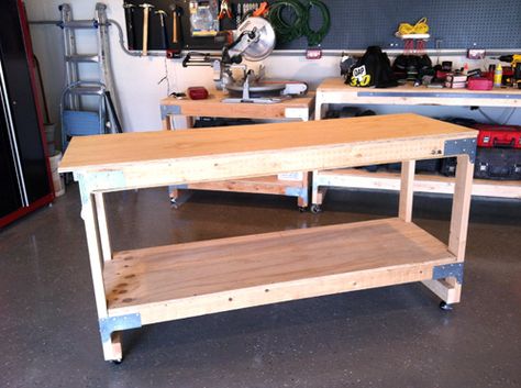 . Shelf Bench, Wooden Work Bench, Movable Table, Heavy Duty Work Bench, Workbench Designs, Building A Workbench, Workbench Ideas, Garage Workbench, Used Woodworking Tools