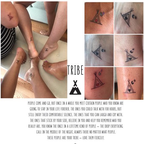 Small friendship tattoo idea for your tribe! #tattoos #tribe #friendship #bestfriends Bff Tattoos Matching Unique For 3, My Tribe Tattoos For Women, My Tribe Tattoo Ideas, Meaningful Friendship Tattoos Ideas, Unique Friendship Tattoos For 3, Friendship Tattoos For 5 Best Friends, Tribe Tattoos For Women, 4 Better 4 Worse 4 Life Tattoo, Best Friend Tribe Tattoos