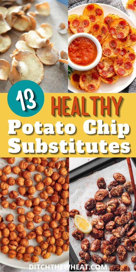 These potato chip substitutes will give you that salty and crisp indulgence but with a healthier twist. Whether you're looking for healthier choices, unique flavors, or just something different to satisfy your snack cravings, this list of what to eat instead of chips has got you covered. https://rfr.bz/p8yrv6q Substitute For Potato Chips, Substitute For Chips, Salty Snack Recipes, Healthy Chips Recipe, Healthy Salty Snacks, Chip Alternative, Healthy Chip Alternative, Vegan Chips, Healthy Potato