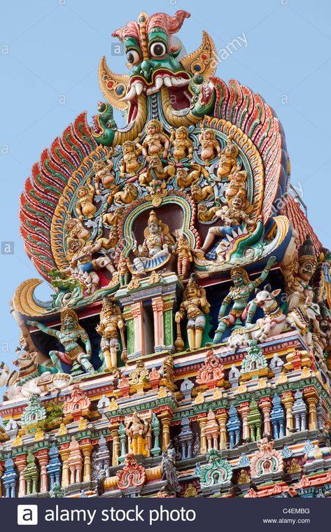 Download this stock image: Closeup of a Gopura (entry tower) at the Minakshi Sundareshvara Temple showing the stucco work figures - C4EMBG from Alamy's library of millions of high resolution stock photos, illustrations and vectors. Minakshi Temple, Hindu Architecture, Meenakshi Temple, Dreamy Destinations, Indian Temple Architecture, Hindu Temples, Temple Architecture, Ganesh Images, Indian Temple