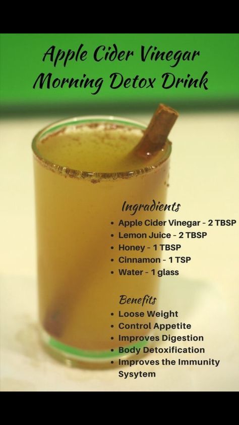 Apple cider vinegar – 2 tsp. Lemon juice – 2 tbsp Raw honey– 1 tsp Ground cinnamon- 1 tsp Water – 1 cup of hot water Preparation: Heat the water but don’t let it come to a boil and add in all of the ingredients above, mix well until you are left with a dissolved mixture and consume this drink before you go to bed for 1 week. We recommend that you rinse out your mouth with water to prevent tooth erosion that is caused by the apple cider vinegar. Apple Cider Vinegar Morning, Vinegar Drinks, Apple Cider Vinegar Drink, Smoothie Detox, Detox Water Recipes, Makanan Diet, Diet Drinks, Healthy Detox, Water Recipes