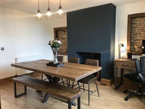 Dining Room Colour Schemes, Cottage Dining Rooms, Hague Blue, Dining Room Blue, Open Plan Kitchen Living Room, Chimney Breast, Dining Room Colors, Cosy Living Room, Dining Room Combo