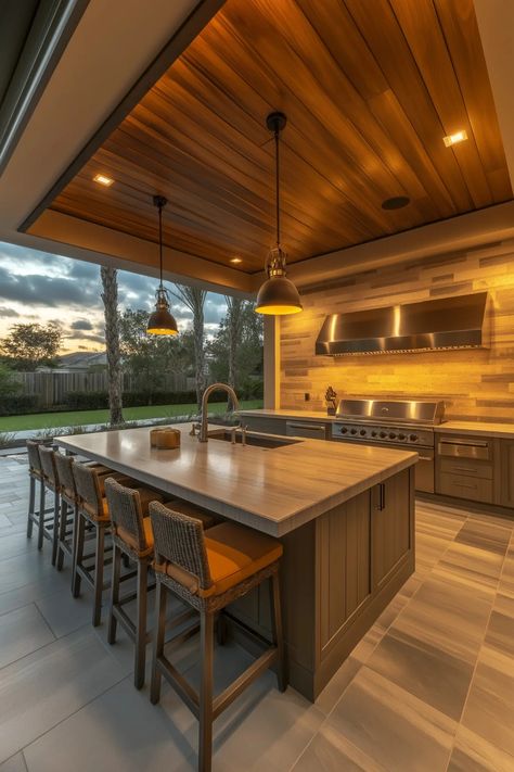 Stylish outdoor kitchen with wooden ceiling and stainless steel appliances at sunset Outdoor Kitchen And Fire Pit Ideas, Carport With Outdoor Kitchen, Outdoor Kitchen Modern Design, Outdoor Kitchen Hood, Outdoor Kitchen Plans Layout, Beach House Outdoor Kitchen, Outdoor Kitchen With Wood, Kitchen With Sitting Area, Patio Kitchen Ideas