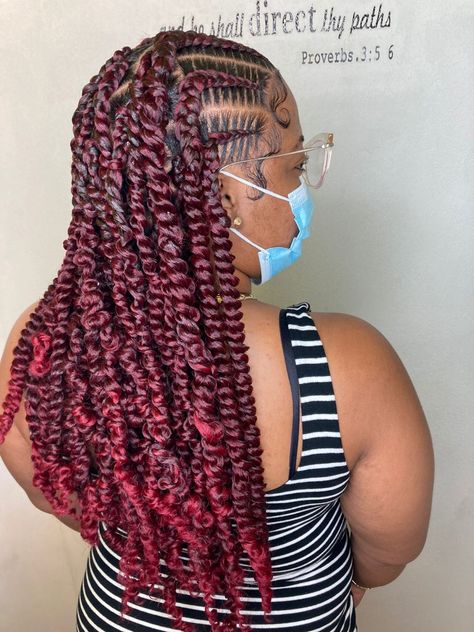 #stitchbraids  #passiontwist #burgundyhair #longhair Stitch Cornrow Braids, Burgundy Passion Twists, Passion Twist Hairstyles, Micro Braids Styles, Twist Extensions, Stitch Braid, Braiding Hairstyles, Curly Extensions, Cornrow Braids