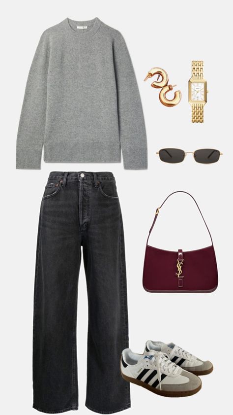 Outfit collage - Casual outfit inspo. Straight leg black jeans, gray sweater, gold accessories. Grey Jeans Outfit, Straight Leg Black Jeans, Straight Jeans Outfit, Casual Outfit Ideas, Early Fall Outfits, Girly Girl Outfits, Black Jeans Outfit, Outfit Collage, Gray Jeans