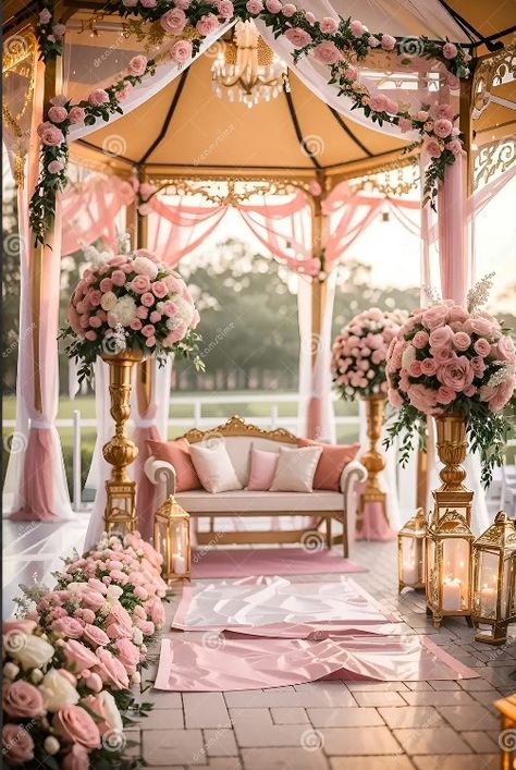 An outdoor wedding decoration by a wedding planner, exuding elegance with pink flowers Theme Illustration, Pink Story, Pink Flower Arrangements, Green Landscapes, Floral Decorations, Open Sky, Outdoor Wedding Decorations, Outdoor Weddings, Wedding Logos