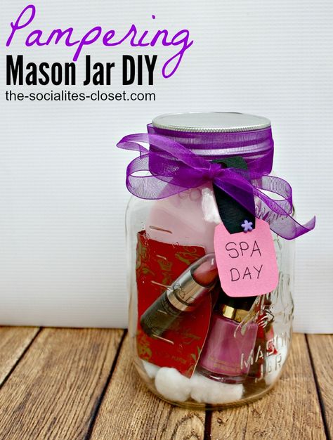 Wondering what to get for the woman who has everything? #ad  DIY pampering gifts are the most fun to put together. Shopping for things to put in Mason jar packages is sort of like hunting for a buried treasure. I look for all sorts of little trinkets that will fit inside a Mason jar and then tie the whole thing with a bow or ribbon. Finding gifts for busy women is a challenge but everyone loves a little pampering. Mason Jar Gift Ideas, Jar Gift Ideas, Mason Jar Gifts Diy, Mason Jar Gift, Christmas Gifts To Make, Christmas Gifts For Coworkers, Mason Jar Crafts Diy, Pampering Gifts, Mason Jar Gifts