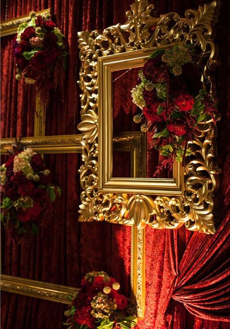 Photobooth Area? Red Sweet 16 Backdrop, Red And Gold Backdrop, Red And Gold Wedding, Pea Photography, Gold Wedding Decor, Red Gold Wedding, Gold Reception, Masquerade Prom, Masquerade Ball Party