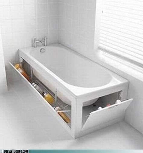 Stowaway Tub - what a great idea for storage in a small bathroom!   #tub #small space #bathroom #small bathroom #storage in a bathroom #extra storage Drømme Bad, Bathtub Storage, Koti Diy, Bathroom Hacks, Bilik Air, Small Bathroom Storage, Creative Storage, Clever Storage, Bath Tub