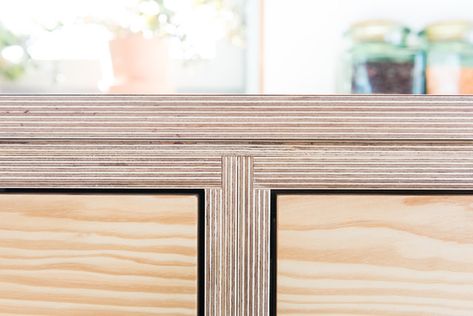 Birch Plywood Kitchen, Beam In Kitchen, Douglas Fir Flooring, Scandi Kitchen, Millwork Details, Plywood Kitchen, Plywood Flooring, Plywood Cabinets, Brown Photography