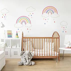 Wall Stickers | Dunelm Rainbow Nursery Wall Art, Rainbow Nursery Theme, Girls Rainbow Bedroom, Rainbow Girls Room, Kids Bedroom Accessories, Rainbow Bedroom, Rainbow Nursery Decor, Girl Nursery Room, Rainbow Room