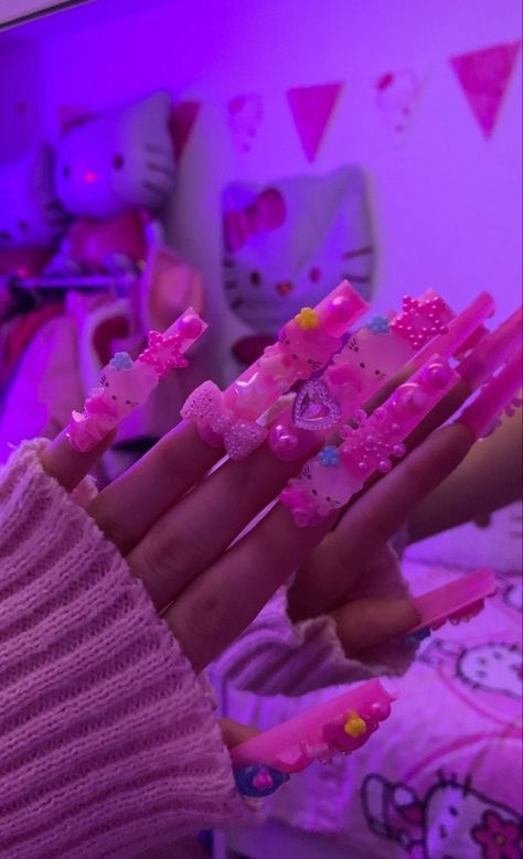 Classy & Aesthetic Baddie Nails | Anime Nails | Trendy Summer Nails 2023 False Nails Designs Trending Nail Designs, Glamorous Birthday, Y2k Nail, Junk Nails, 12 Birthday, Kitty Nails, Red Acrylic Nails, Hot Pink Nails, Hello Kitty Nails