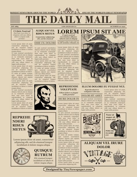 1920's Vintage Newspaper Template Word Vintage Newspaper Template, Newspaper Design Layout, Newspaper Layout, Newspaper Front Pages, طابع بريدي, Newspaper Template, 1920s Vintage, Vintage Newspaper, Newspaper Design