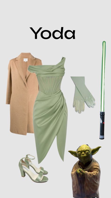 Yoda Halloween costume #starwars Star Wars Costume Ideas Women, Starwars Outfit Aesthetic, Green Dress Halloween Costume, Yoda Costume Diy, Star Wars Outfit Ideas, Yoda Cosplay, Yoda Halloween Costume, Star Wars Costume Ideas, Custome Ideas