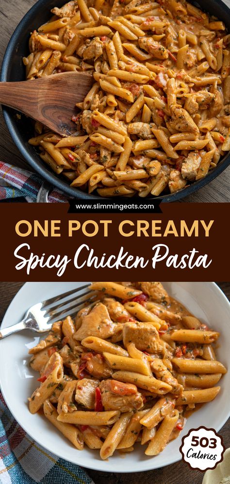 Enjoy this One Pot Creamy Spicy Chicken Pasta - 503 calories per serving and 50g of protein. It is a delicious blend of tender spicy chicken with garlic, juicy tomatoes, and sweet red peppers, all coated in a rich, creamy sauce. Chicken Pasta Red Sauce, Greek Yogurt Pasta Sauce, Creamy Spicy Chicken, Spicy Pasta Sauce, Spicy Pasta Recipes, Spicy Chicken Pasta, Red Sauce Recipe, Red Pasta, Chicken With Garlic