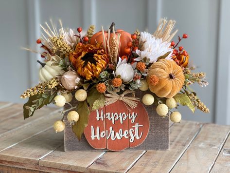 Fall Wooden Flowers, Pumpkin Dried Flower Arrangements, Dried Floral Pumpkin Arrangement, Long Wooden Box Fall Centerpiece, Wood Box Fall Floral Arrangements, Wood Flower Box, Fall Centerpieces Diy, Wood Caddy, Fall Crafts Decorations