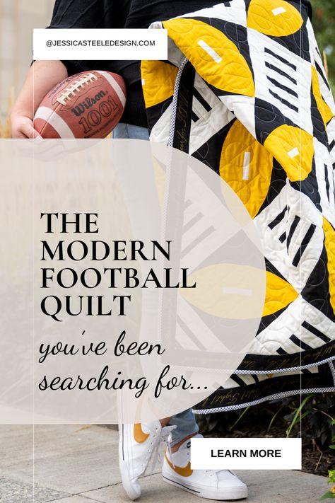 The Fourth and Inches Quilt is a modern pattern based on American Football using a two-block layout showcasing pieced footballs and hashmarks, which measure distance and ball placement on the field. Sew A Quilt, Football Quilt, Sports Quilts, Curved Piecing, Block Layout, Strip Piecing, Waiting In The Wings, Seam Allowance, Instructional Video