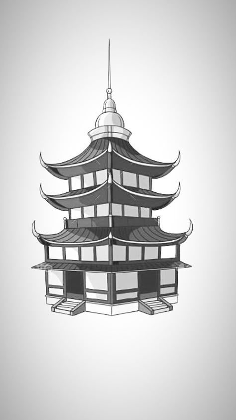 Japanese Building Drawing, Japanese Temple Drawing, Japanese Temple Tattoo, Japanese Peony Tattoo, Japanese Peony, Temple Drawing, Japanese Buildings, Chinese Picture, Japan Temple