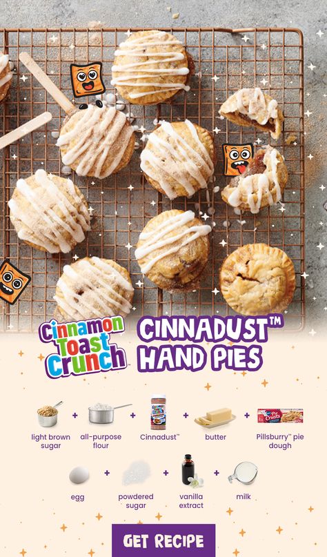 Because the only thing better than your own pie is one blasted with Cinnadust. Cinnadust Recipes, Crunch Recipe, Recipe For Kids, Hand Pie, Pie Day, Cinnamon Toast Crunch, Cinnamon Toast, Kid Food, Hand Pies