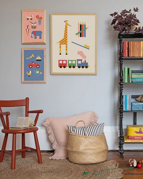 Roomytown | Fine Art Prints (@roomytown) | Instagram Vintage Playroom Ideas, Kids Room Gallery Wall, Pink Walls Bedroom, Vintage Playroom, Playroom Artwork, Colourful Nursery, Nursery Gallery Wall, Pink Bedroom Walls, Bedroom Illustration