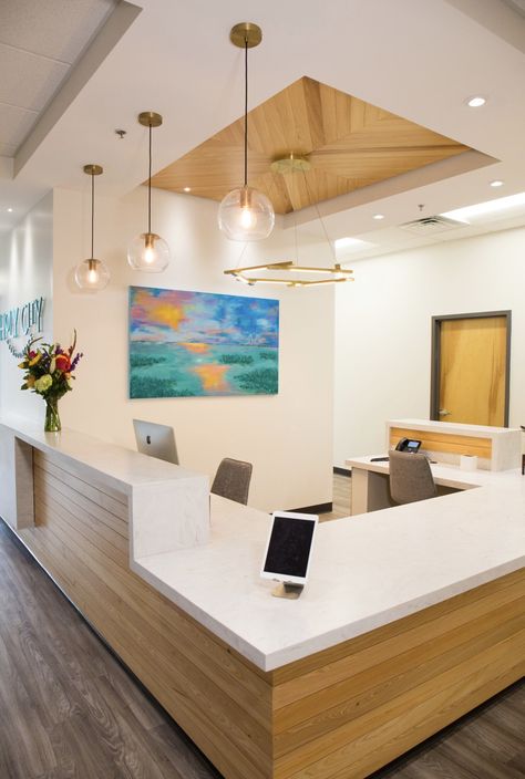 Medical Reception Design, Medical Office Design Waiting Area Reception Desks, Pediatric Reception Desk, Medical Office Front Desk Design, Front Reception Desk Ideas, Large Reception Desk, Office Front Desk Design Receptions, Medical Office Reception Design, Chiropractic Clinic Design