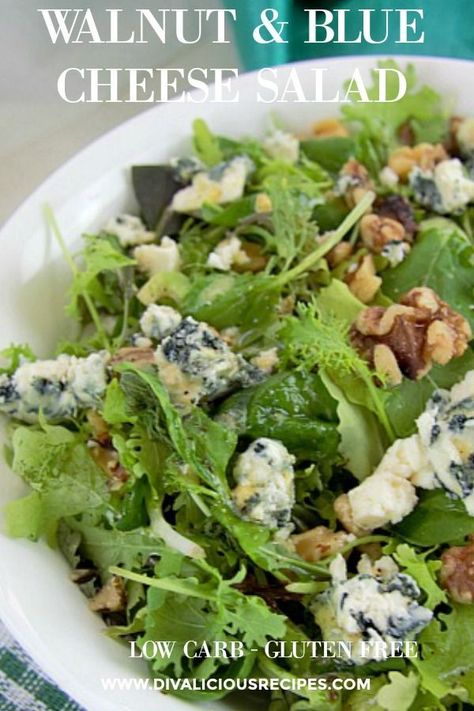 This walnut blue cheese salad is a simple yet tasty salad that is enjoyable enough to eat on its own.  It’s a great healthy quick lunch too. Gf Salads, Salad Recipes Low Carb, Keto Salads, Blue Cheese Salad, Quick Healthy Lunch, Low Carb Salad, Vegetarian Salads, Carb Dinner, Low Carb Side Dishes