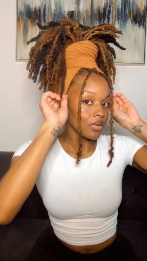 Scarf Style With Locs, Loc Updo Styles Head Wraps, Head Scarf Styles Black Women Locs, Hair Wrap With Locs, Locs And Bandanas, Locs Headwrap Styles, Loc Head Wrap Styles, Twist Locs Hairstyles, Wrapped Locs