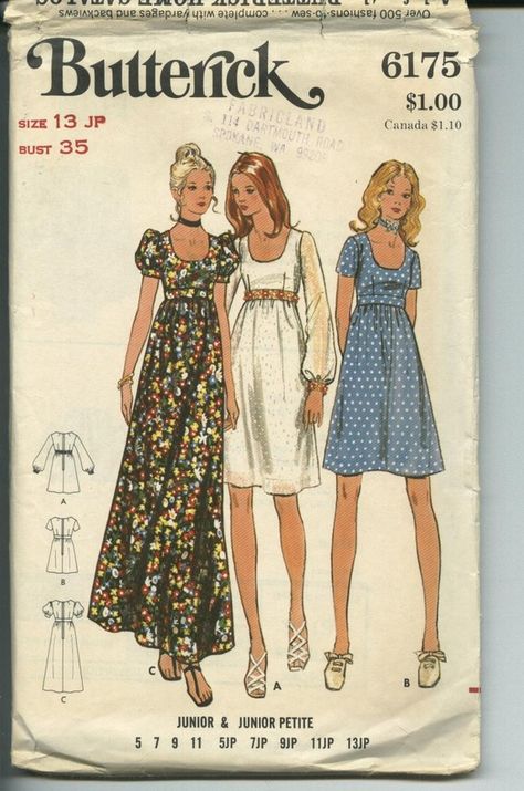 SZ 13jp VTG 1971 BUTTERICK 6175 Empire waistline by marciecks, $10.00 Country Chic Dresses, 1970s Sewing Patterns, Sleeve Variations, Yard Sales, Halter Top Dresses, Butterick Pattern, Butterick Sewing Pattern, Motif Vintage, Couture Vintage