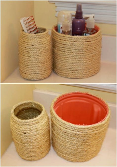 30 Crafty Repurposing Ideas For Empty Coffee Containers {With tutorial links} Repurposed Plastic Containers, Reusing Plastic Containers, Gift Basket Container Ideas, Plastic Jars Diy Ideas, Upcycle Containers, Plastic Coffee Containers, Diy Rope Design, Plastic Container Crafts, Coffee Can Crafts