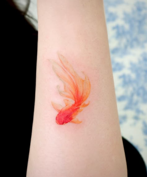 Goldfish Tattoo Simple, Goldfish Tattoo Design, Tattoo Ideas Watercolor, Poetic Tattoos, Goldfish Tattoo, Tiny Tats, Bright Tattoos, Korean Tattoos, Tattoo Reference