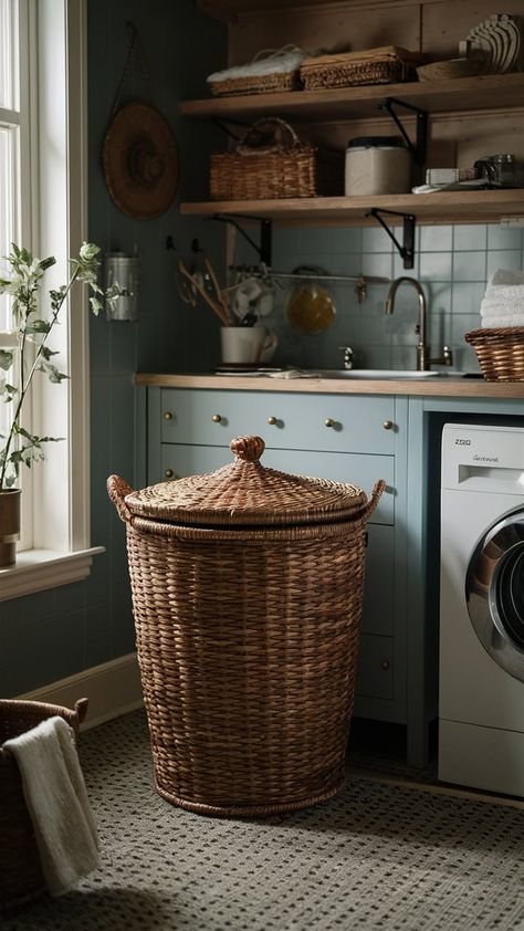 Laundry Basket Ideas for a Stylish Laundry Room - Live Laugh Laundry English Country Laundry Room, Laundry Basket Storage Ideas, Cottagecore Laundry Room, Laundry Basket Ideas, Bath Closet, Small Laundry Room Ideas, Blue Laundry Rooms, Country Laundry Rooms, Laundry Basket Storage