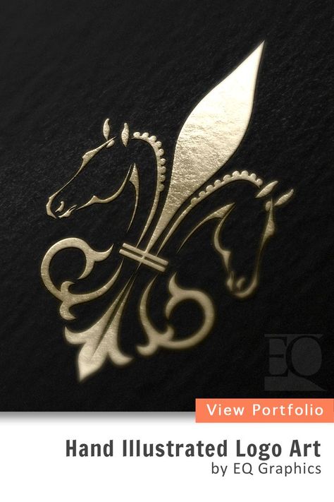 Two horse head outlines form the outer edges of a fleur de lis. This equestrian logo is shown in gold foil on a black business card. Equine Logos, Equestrian Logo, Horse Stencil, Horse Logo Design, Logo Design Examples, Horse Heads, Business Branding Inspiration, Logo Design Inspiration Branding, Luxury Logo Design