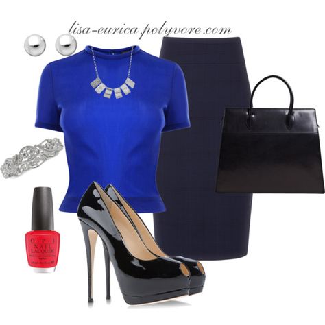 Royal Blue Work Chic by lisa-eurica on Polyvore Royal Blue Top Outfit Work, Royal Blue Office Outfit, Blue Fitted Blouse For Office Wear, Elegant Royal Blue Workwear Blazer, Royal Blue Jacketvwith Bkack Skirt, Blouse Outfit Work, Boss Lady Style, Work Outfits Women Professional, Work Skirt Outfit