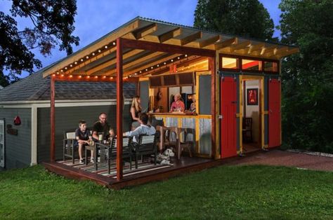 Shed Bar Ideas, Party Shed, Bbq Shed, Small Shed, Red Barn Door, Prefab Sheds, Pool Shed, Bar Shed, Bar Exterior