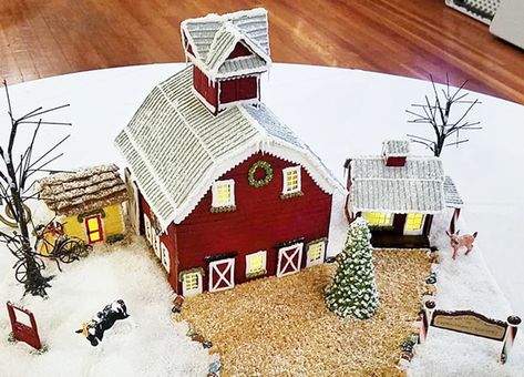 Rudolph Gingerbread House, Country Gingerbread House, Barn Gingerbread House Ideas, Gingerbread Barn Ideas, Gingerbread Barn Template, Gingerbread House Farm, Gingerbread Chicken Coop, Gingerbread Barn, Barn Gingerbread House