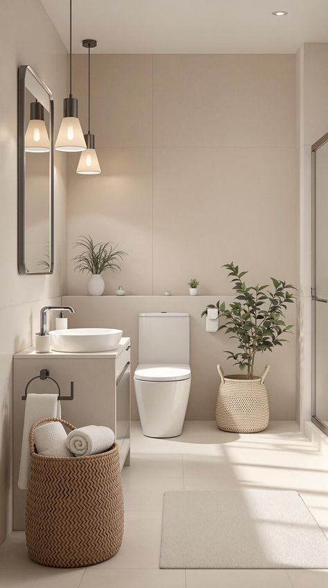 Neutral Bathroom Decor White Beige Bathroom Modern, White Taupe Bathroom, Neutral Colour Bathroom Ideas, Aesthetic Bathroom Colors, Neutral Bathroom Ideas Modern, Light Beige Bathroom Ideas, Neutral Palette Bathroom, Natural Cream Bathroom, Warm Color Bathroom Ideas