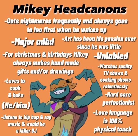 Tmnt Headcanons Mikey, Rottmnt Mikey Fanart Cute, Mikey X Miles Rottmnt, Rottmnt Pfp Mikey, Rottmnt Mikey Reference, Tmnt Kinnie Bingo, Mikey And Donnie Rottmnt, Future Mikey Rottmnt, Tmnt Mikey Hurt