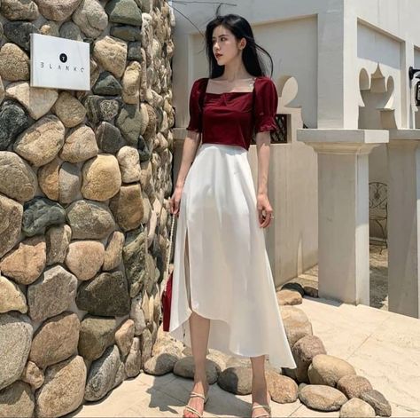 Girls Jeans Fashion, Korean Fashion Women Dresses, Casual Christmas Party Outfit, New Style Tops, White Long Skirt, Red And White Dress, Elegant Outfit Classy, Korean Fashion Dress, Classy Dress Outfits