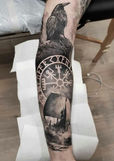 Explore 21 Viking Tattoo Ideas for Men: Discover Traditional & Modern Norse Mythology Designs Sleeve Ideas Men, Tattoo Ideas Norse Mythology, Viking Tattoo Ideas For Men, Nordic Mythology Tattoo, Mythology Tattoos Sleeve, Nordic Tattoo Ideas, Viking Tattoo Ideas, Viking Rune Tattoo, Norse Mythology Tattoo