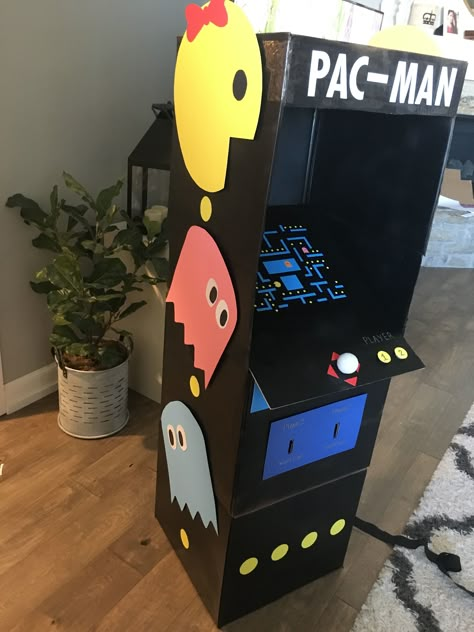 Cardboard Arcade Machine, Pac Man Valentine Box Ideas, Arcade Decorations Party Ideas, Pac Man Trunk Or Treat Ideas, Cardboard Arcade Games Diy, Arcade Party Decorations, Pac Man Decorations, Cardboard Arcade Games, Twist And Turns Vbs 2023