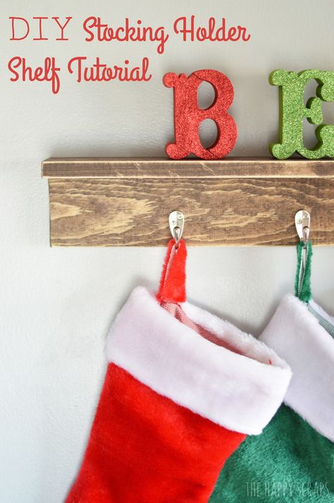 DIY Christmas Stocking Holder Shelf Tutorial Stocking Shelf, Christmas Stocking Shelf, Diy Stocking Holder For Wall, Diy Wood Stocking Holder, Diy Wooden Stocking Holder, Pallet Stocking Holder, Pallet Christmas Stocking Holder, Wood Stocking Holder Michaels Stores, Diy Dollar Tree Gifts