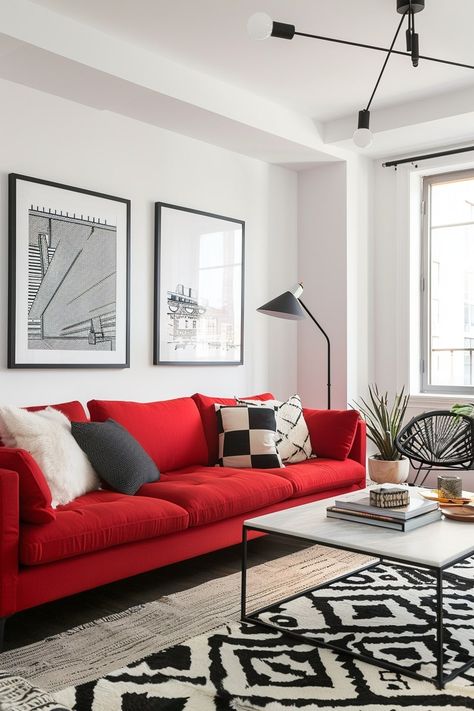 10 Living Room Ideas With A Red Couch You Will Love! - My Decor Inspo Red Couch Living Room Ideas, Red Couch Decor, Black Grey Living Room, Red Sofa Living, Red Sofa Living Room, Red Couch Living Room, Paris Living Rooms, Red Living Room Decor, Red Interior Design