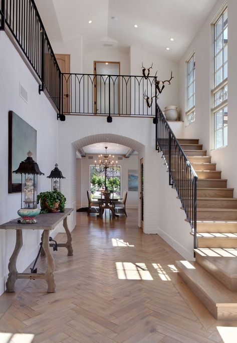 Projects Herringbone Wood Floor, Casas Coloniales, Lan Can, Design Blogs, Foyer Design, Entry Way, Stair Railing, House Goals, Style At Home