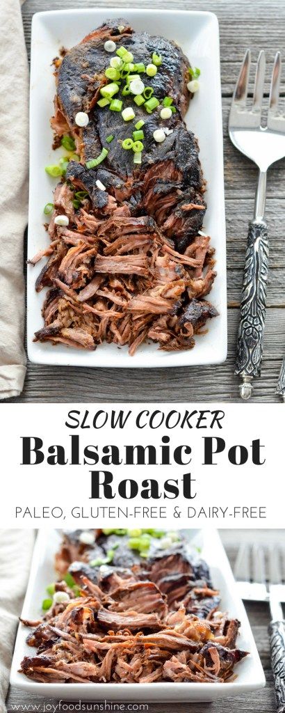 Slow Cooker Balsamic Pot Roast! Easy, healthy make-ahead main dish recipe for your holiday celebrations! Paleo, gluten-free & dairy-free! Homemade Holidays! Pot Roast Easy, Balsamic Pot Roast, Slow Cooker Shredded Beef, Shredded Beef Recipes, Slow Cooker Pot Roast Recipes, Beef Crockpot, Slow Cooker Pot Roast, Paleo Slow Cooker, Paleo Crockpot