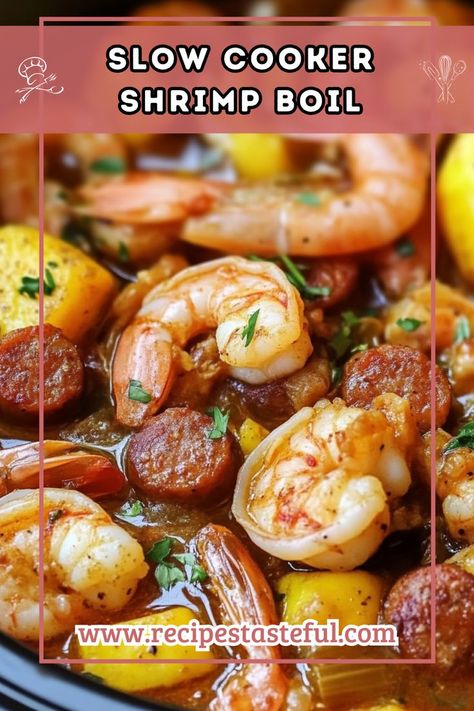 This easy and flavorful Slow Cooker Shrimp Boil combines succulent shrimp, spicy andouille sausage, and tender vegetables, all bathed in a rich broth. Perfect for gatherings or family dinners, it's a hands-off recipe that guarantees delicious results. Shrimp And Sausage Boil, Shrimp And Sausage Recipes, Sausage Boil, Shrimp Boil Recipe, Shrimp And Sausage, Shrimp And Vegetables, Shrimp Boil, Shrimp Seasoning, Andouille Sausage